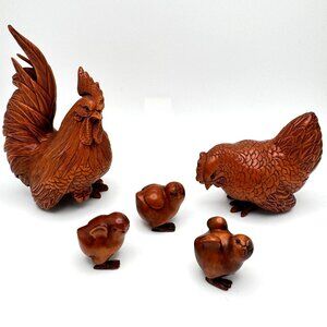 Wood Rooster Hen & 3 Chicks Figurine Set Vtg Handcarved Signed Japan